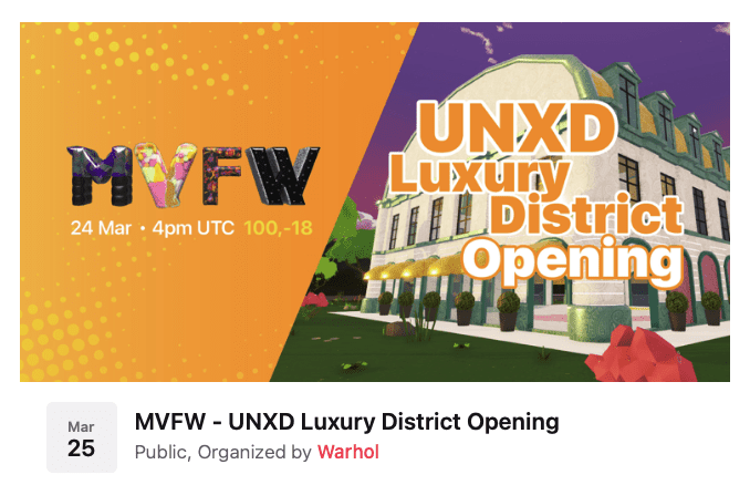 Future of retail - Virtual Pop-up Metaverse 3 MVFW - UNXD Luxury District Opening